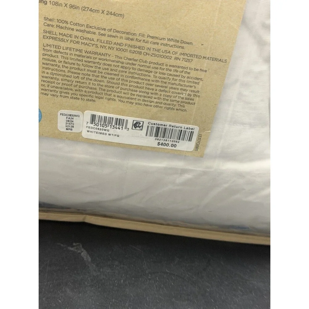 Charter Club Medium Weight Premium White Down Full/Queen Comforter